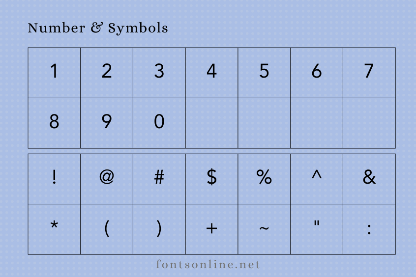 number and symbols fontmap of avenir font